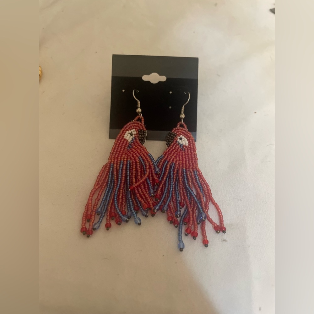 Vintage. Beaded. Parrot. Earrings.